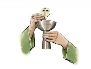 Priester zeigt Hostie